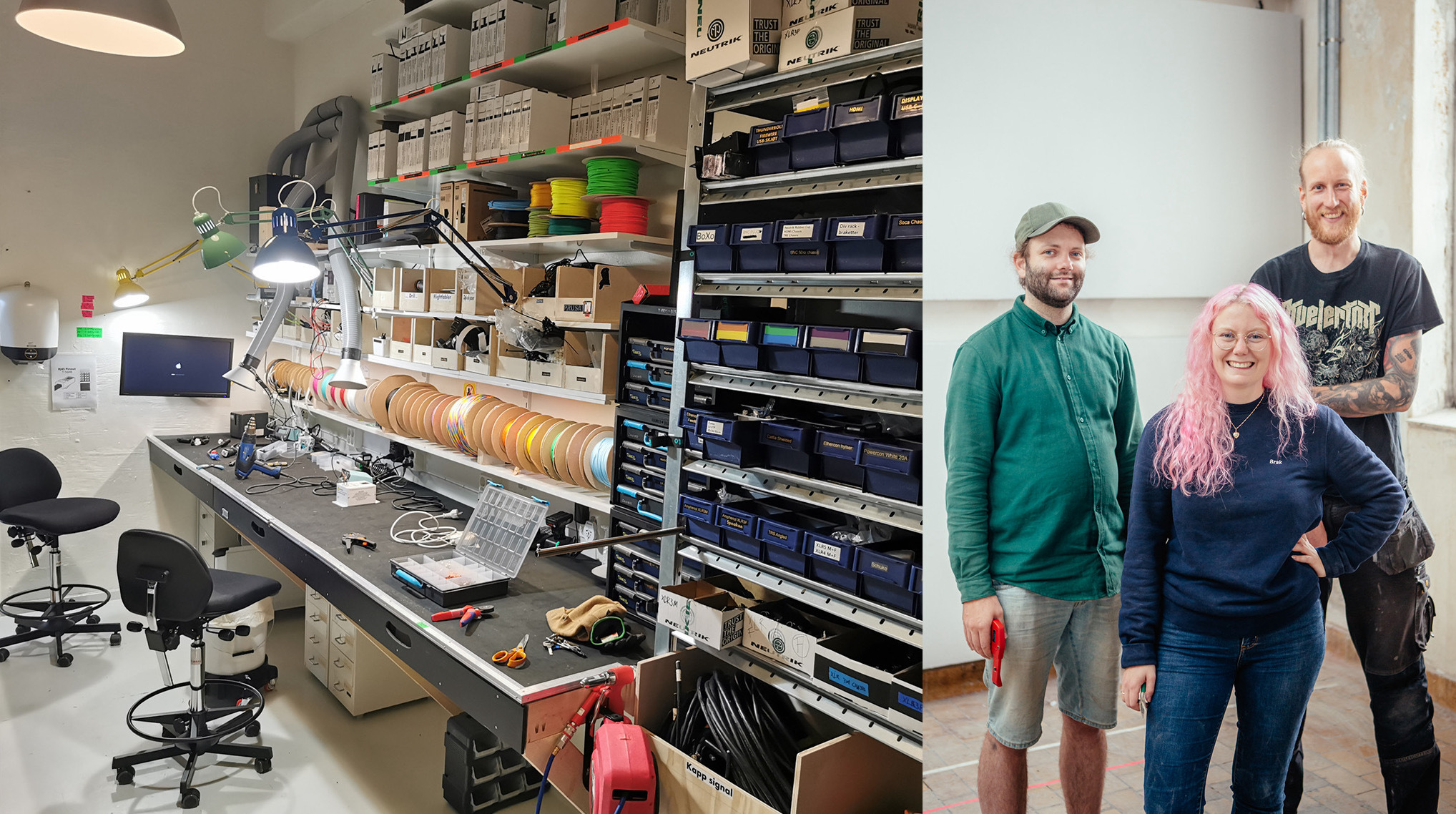 Håkon Holmås, Sigri Hovde og Kristoffer Jonsson er lydteknikere og gründere med selskapet Bergen Ento. Siden de tre gikk sammen og startet AS har de blant annet bygget sitt eget verksted. Foto: Kristoffer Jonsson / Runar Gåsterud