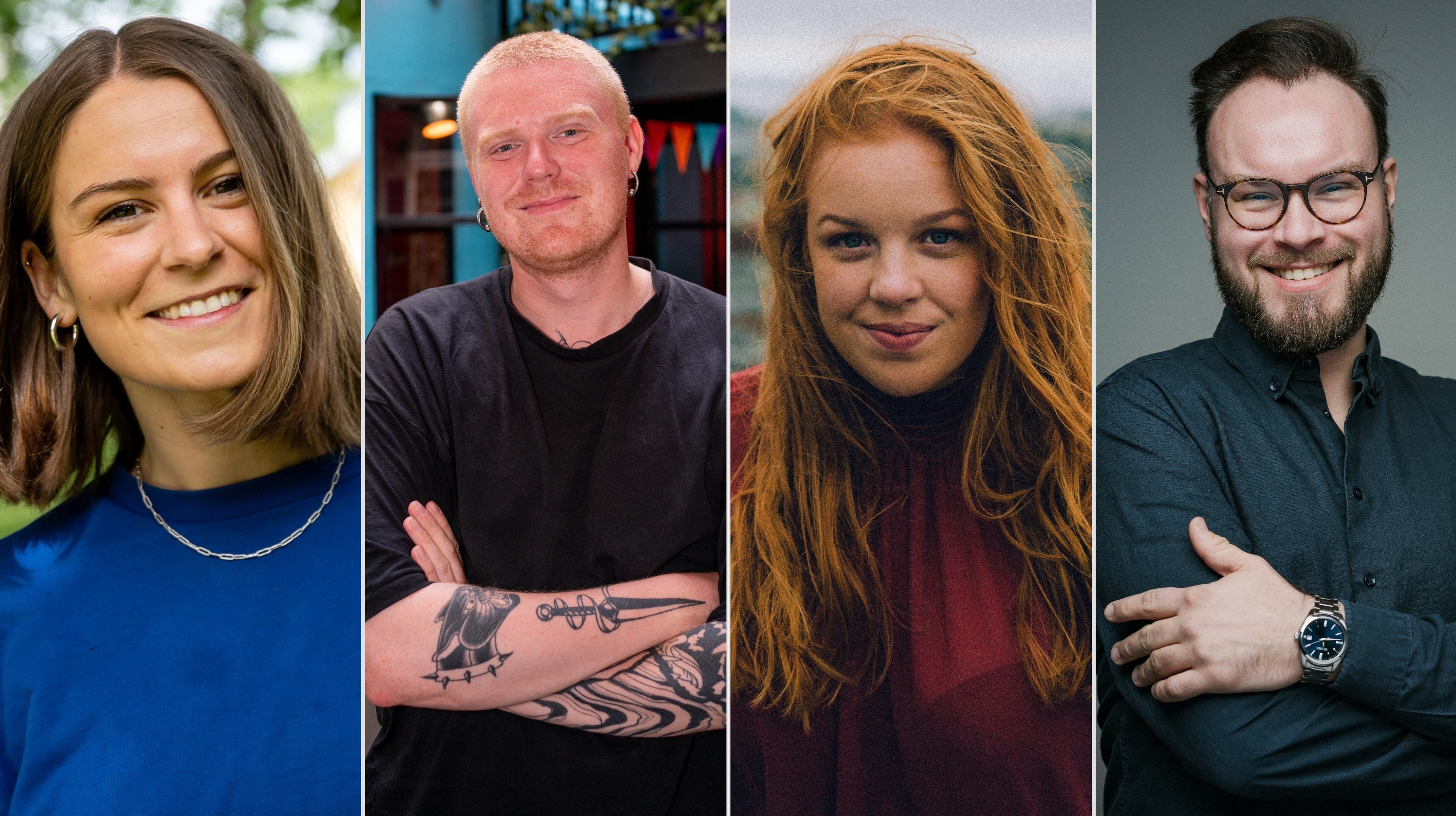 Musikkontorets lyttepanel i 2024. Nina Gjertsen, Dag Audun Kårtvedt og Thea Paulsrud. Panelet ledes av Tord Litleskare. Foto: Helene Mariussen, Emilie Wulff Skårild, Erlend Viksand og Knut Neerland