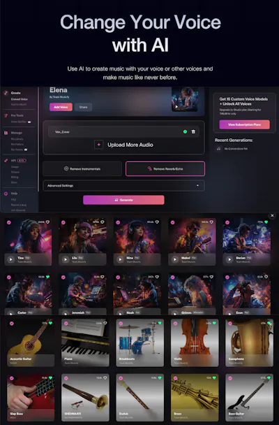 En oversikt over noen utvalgte stemmer og instrumenter du kan konvertere ditt opptak til. Foto: Skjermdump/Musicfy