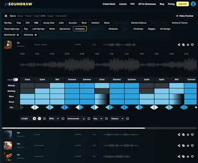 Slik ser det ut når du har generert musikk, som du så kan rearrangere i nettleseren. Foto: Skjermdump/Soundraw