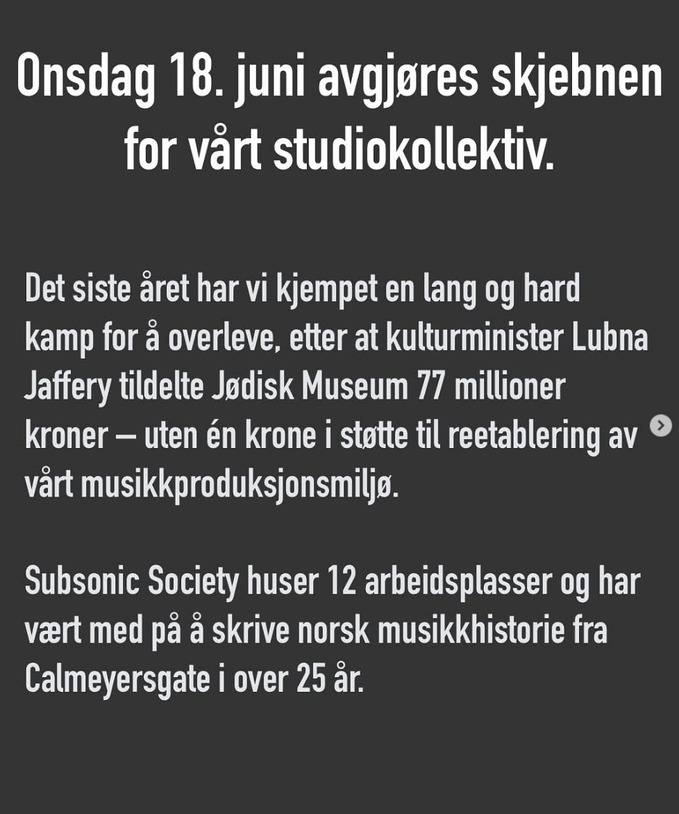 Subsonic understreker at det ikke er en kamp mot tildelingen til Jødisk Museum, men en kamp for muligheten til å reetablere seg.  Foto: Subsonic Society