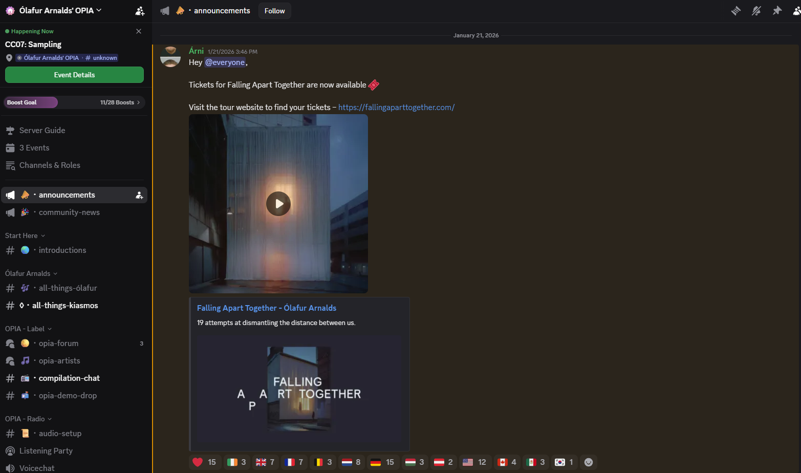 OPIA-serveren brukes til mer enn prat. Her deles nyheter, prosjekter og førstetilgang til billetter og lanseringer direkte med fellesskapet. Foto: Skjermdump