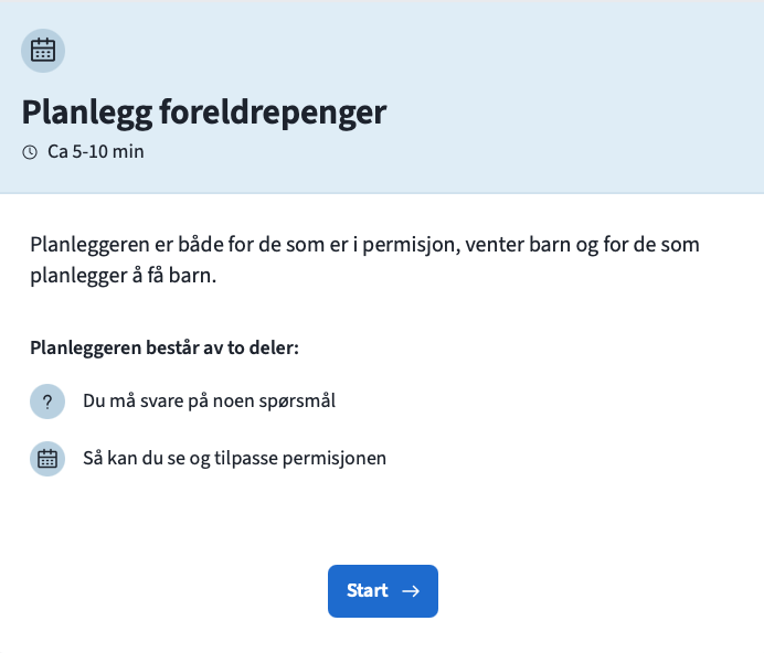 Skjermbilde av NAVs planlegger for foreldrepenger med informasjon om verktøyets oppbygging og startknapp.