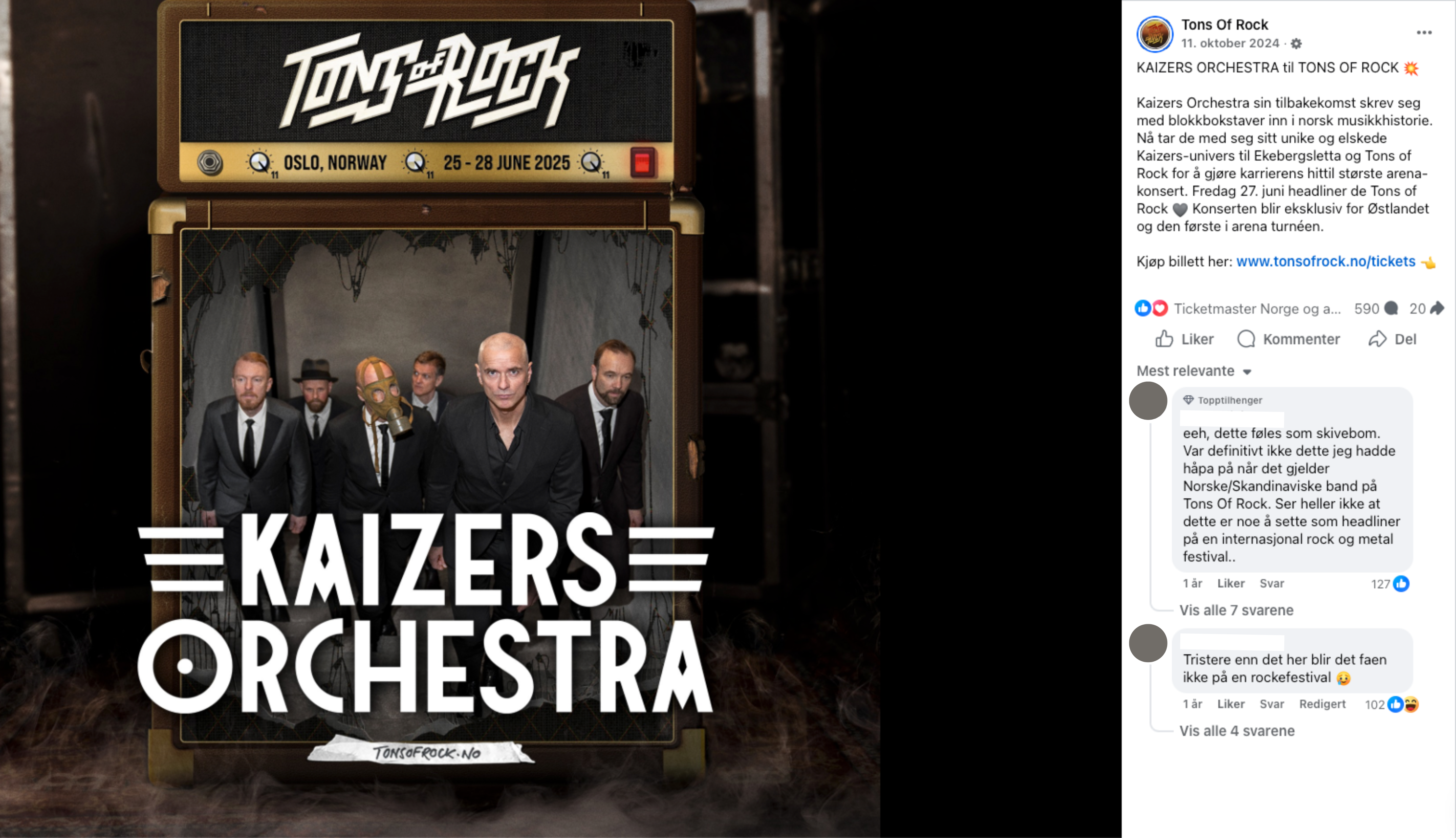 Kommentarfeltet på Facebook da Tons of Rock annonserte at Kaizers Orchestra skulle headline festivalen i 2025. Lars Tefre Baade forteller at festivalen måtte forsvare bookingen på TV2-nyhetene og at engasjementet er noe av det beste som kan skje en festival. Foto: Skjermdump