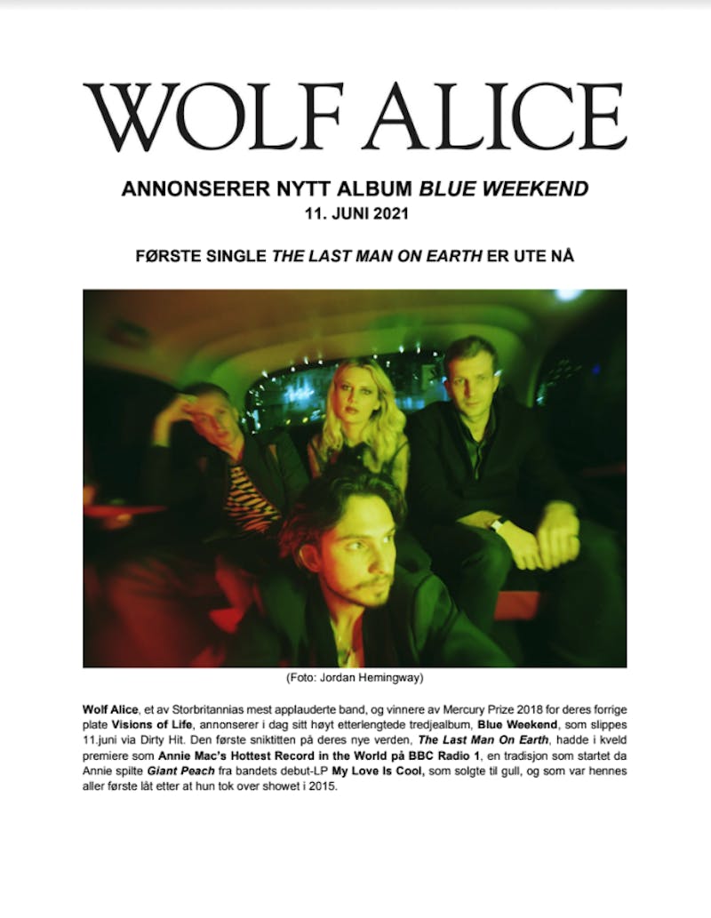 Dette er et presseskriv som Krister Wiberg i ON IT laget for Wolf Alice sitt albumslipp av platen «Blue Weekend» (2021).